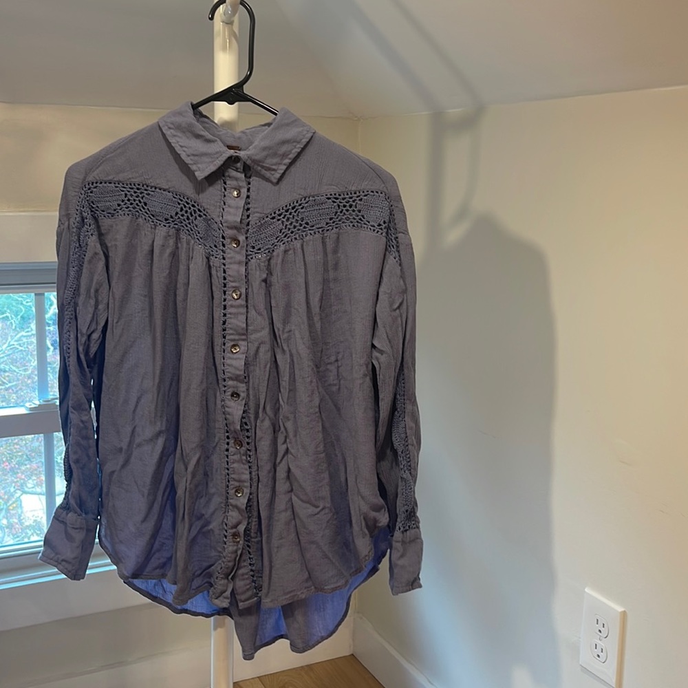 Free People Katie Bird Lace Crochet Inset Blue Button Down Blouse, XS - Picture 5 of 7